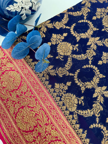Handwoven Chiffon Saree | Royal Blue & Magenta | Gold Zari | Ships from California